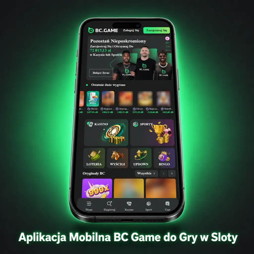 Aplikacja mobilna BC Game na smartfona z lobby slotów, szybkim ładowaniem gier i historią wygranych