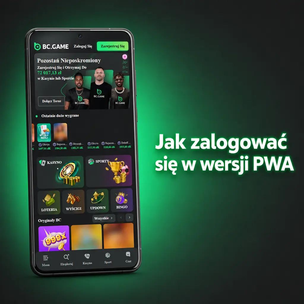 Instrukcja logowania do konta BC Game w aplikacji PWA przy użyciu adresu e-mail lub numeru telefonu oraz hasła