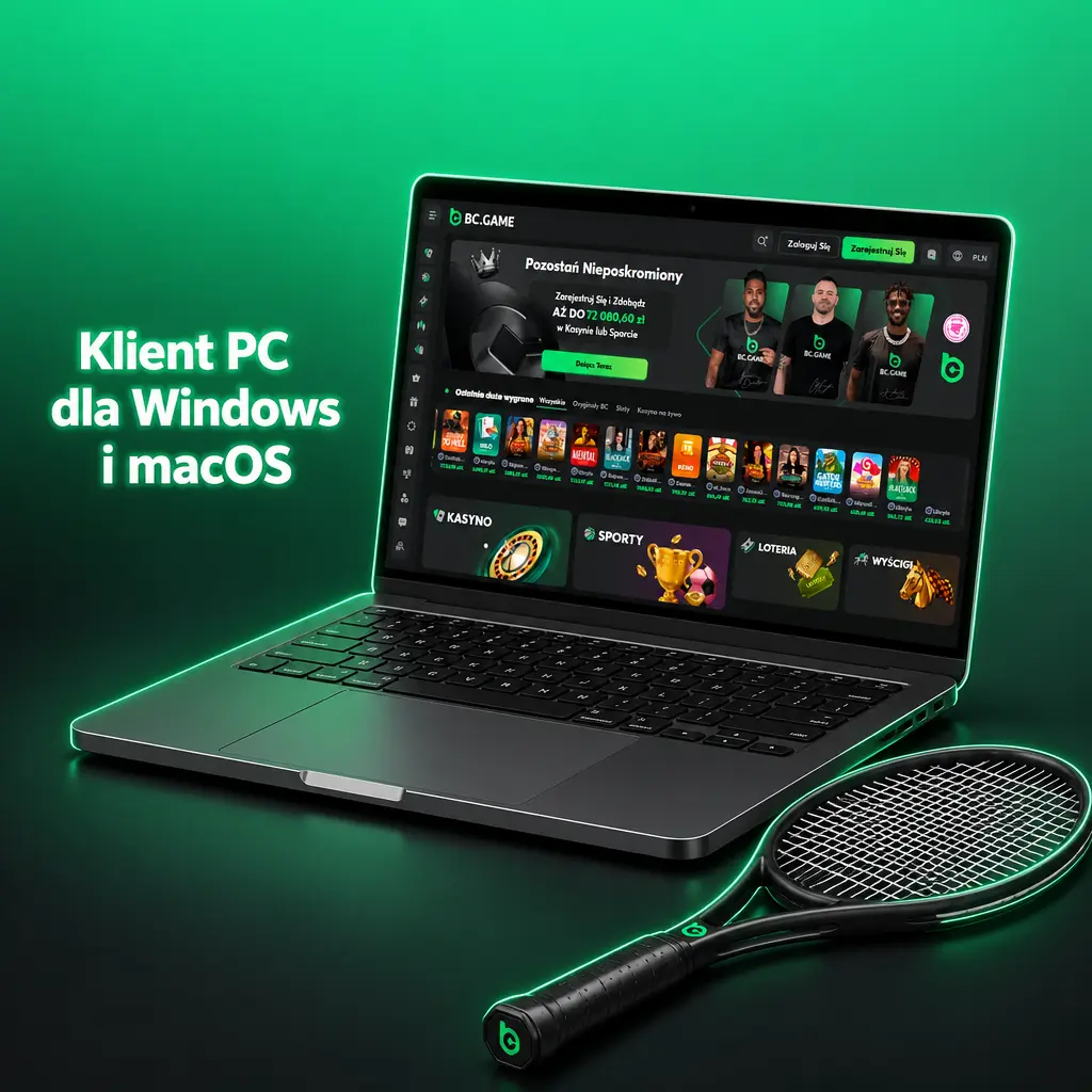 Logo lub interfejs BC Game na komputerze z Windows i macOS, dostępny przez przeglądarkę internetową
