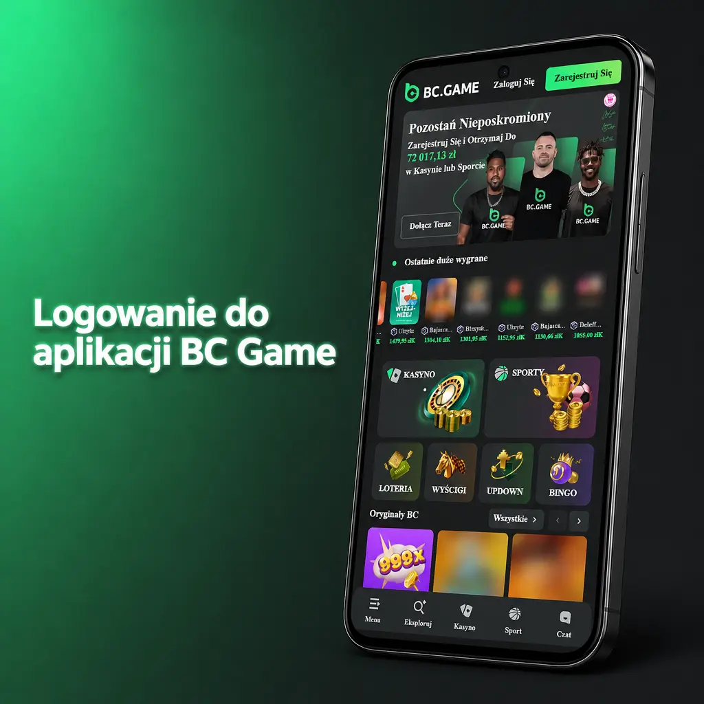Ekran logowania do aplikacji BC Game z polami na e-mail, numer telefonu i hasło