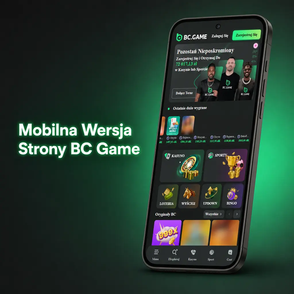 Mobilna wersja strony BC Game w przeglądarce na smartfonie z zakładami sportowymi i kasynem