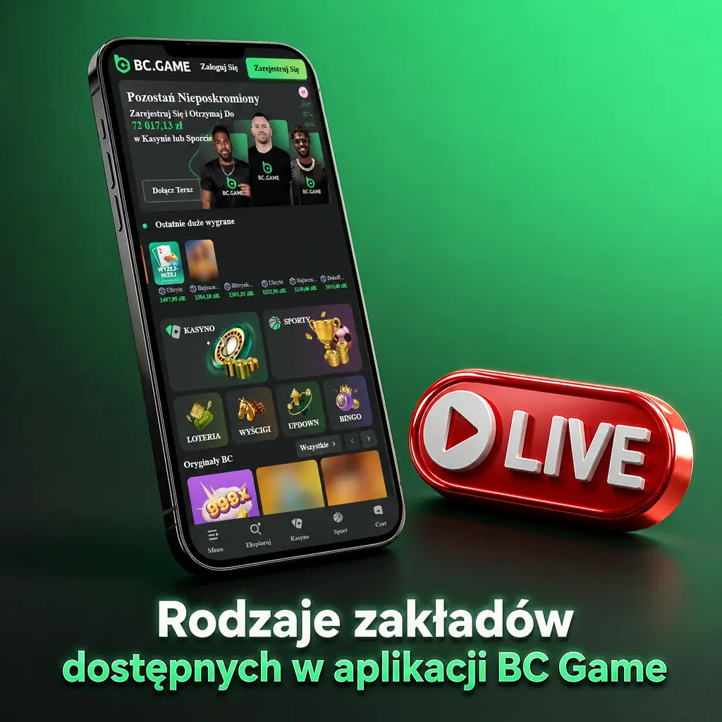 Rodzaje zakładów w aplikacji BC Game: pojedynczy, AKO, na żywo, handicap azjatycki oraz over/under.