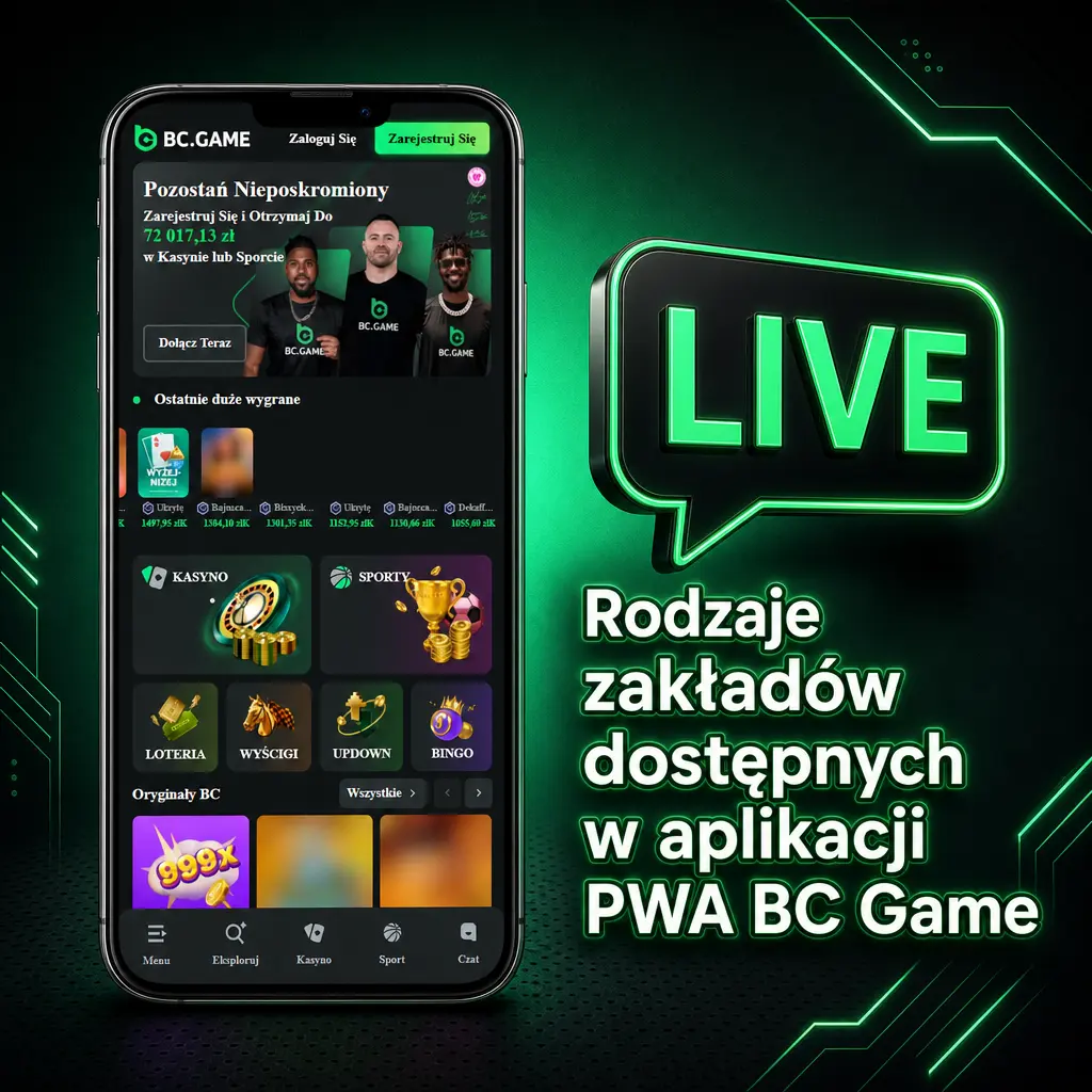 Rodzaje zakładów w aplikacji PWA BC Game: pojedynczy, AKO, systemowy, na żywo oraz opcja Cash Out.