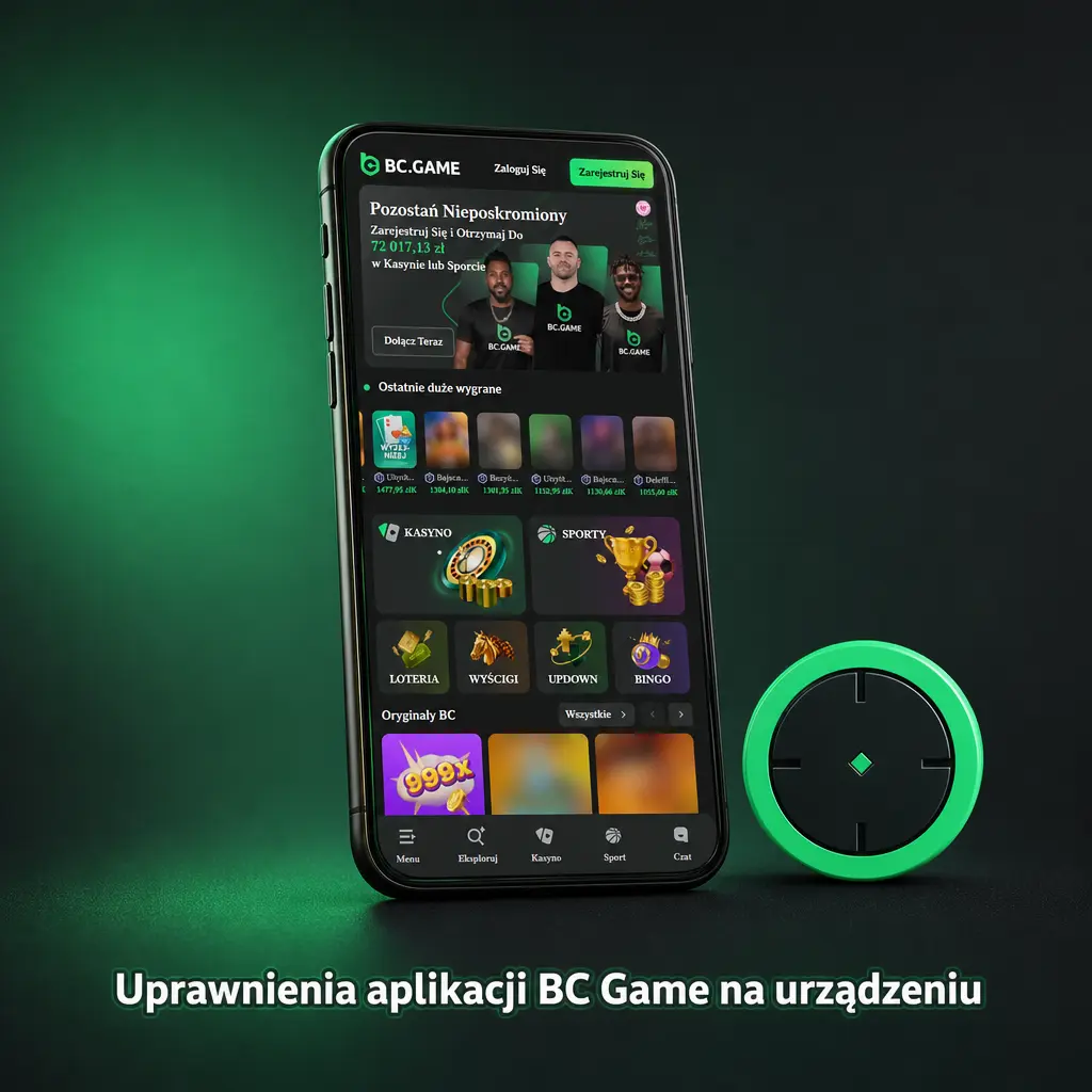 Uprawnienia aplikacji BC Game: dostęp do pamięci, powiadomień, aparatu, sieci i biometrii na urządzeniu mobilnym.
