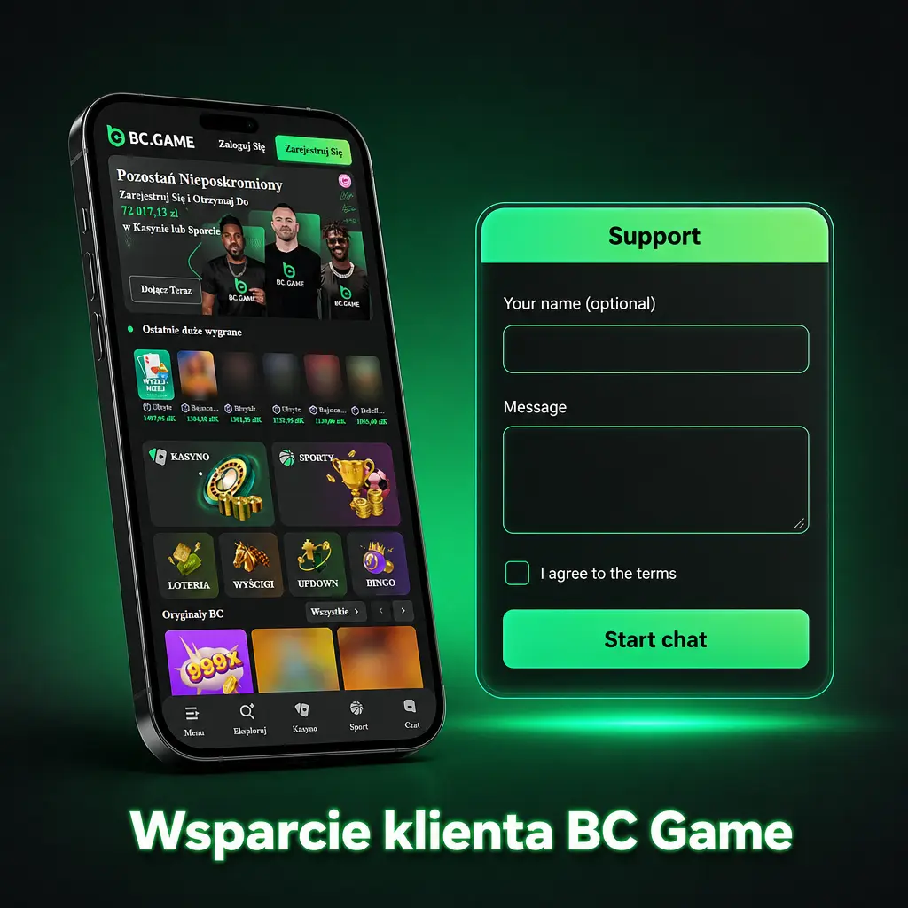 Wsparcie klienta BC Game - czat na żywo 24/7, e-mail i centrum pomocy z artykułami po polsku